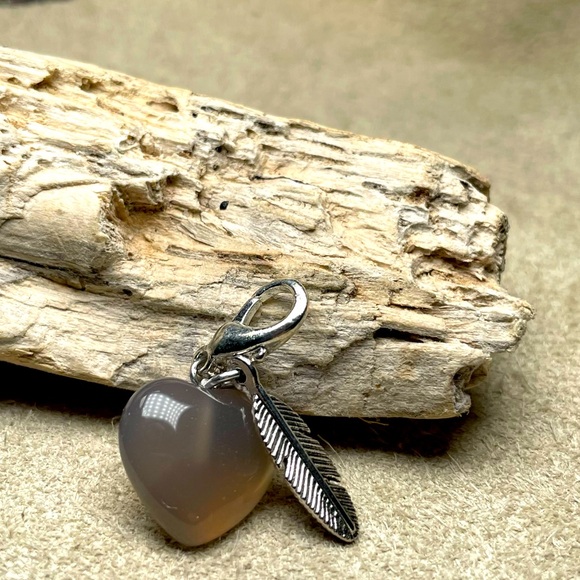 Artisan Other - Smokey Quartz Heart Pet Collar Charm With Small Antique Silver Feather Charm